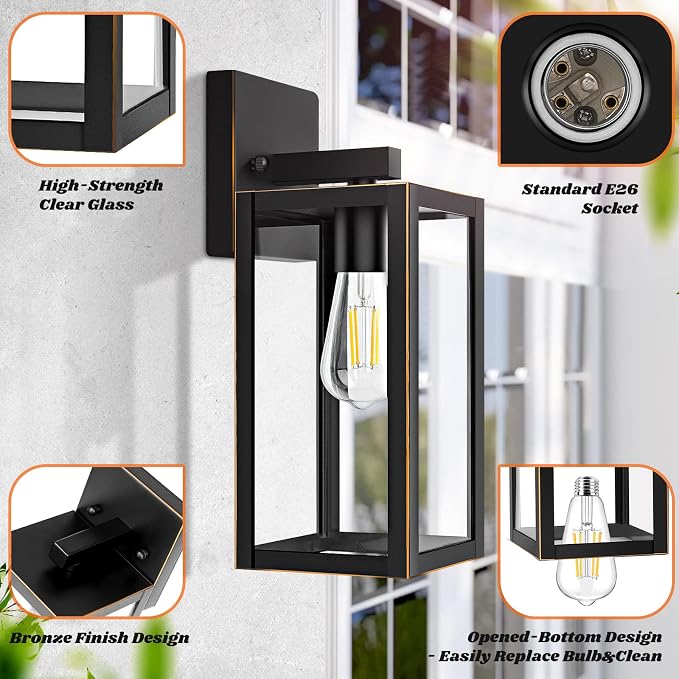 2-Pack Outdoor Lights for House, Waterproof Bronze Exterior Light Fixtures with Clear Glass, Anti-Rust Outside Wall Lanterns Sconces, Front Porch Lights for Garage Doorway, Bulbs Not Included