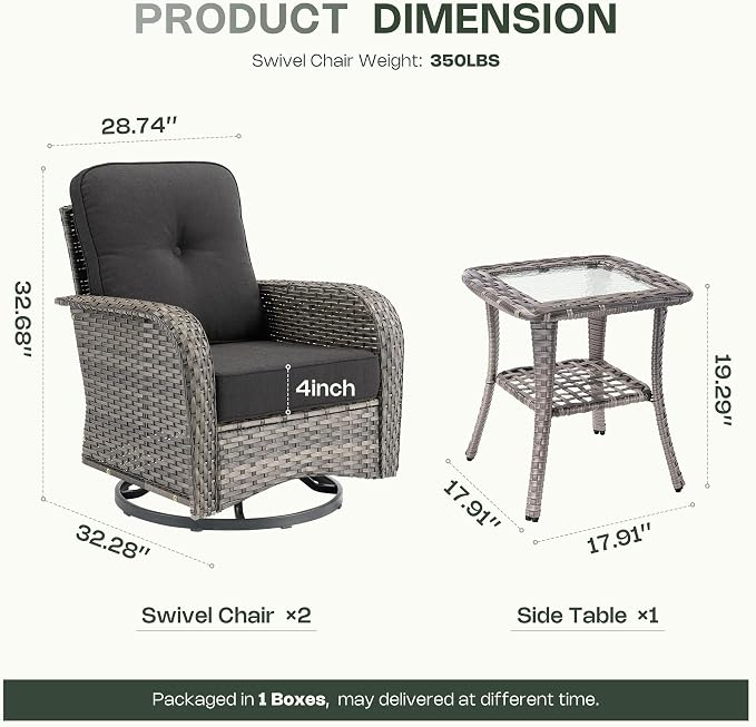 3-Piece Patio Furniture Set, Outdoor Wicker Furniture with Coffee Table, High Back Swivel Rocker Patio Chairs, Modern Rattan Outdoor Chairs Conversation Set for Porch, Balcony, Garden, Black