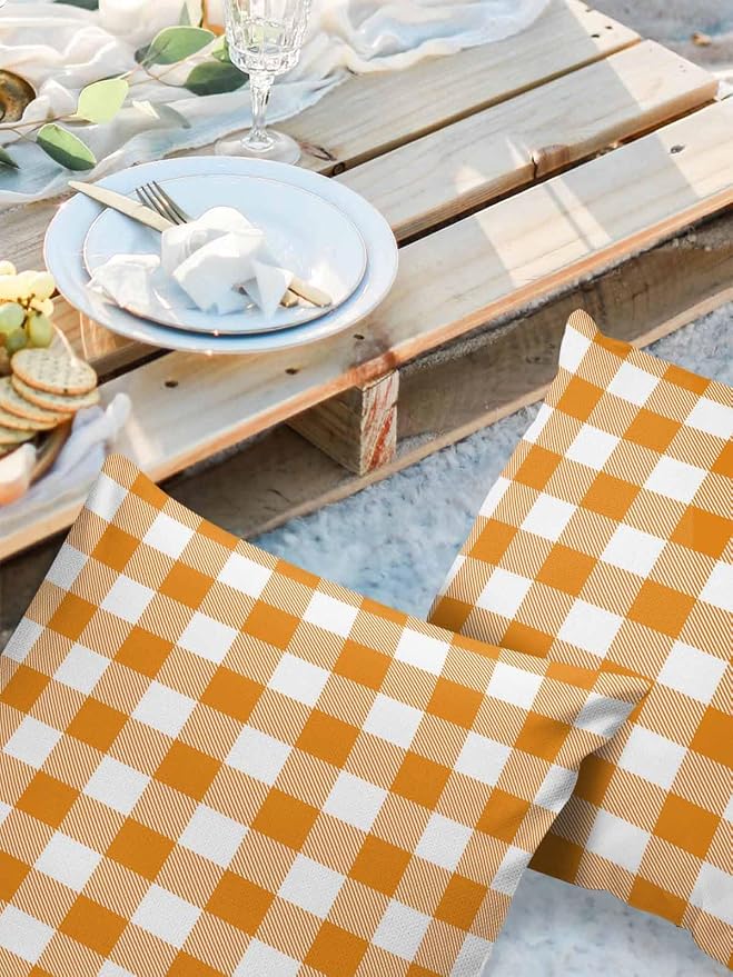 Outdoor Waterproof Throw Pillow Covers Set of 2 Orange Buffalo Check Plaid Pillowcases 24x24 Inches Farmhouse Style Patio Decorative Pillows Cushion Case Patio Pillows for Couch Bed Chair Garden