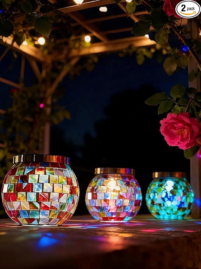 Cooo 2 Pack Gift for her him Landscape Lighting Path Lights Heavy Solar Mosaic Lantern with RGB Color-Changing Light – Dual Solar Panels, Red Amber Glass Tiles, Waterproof Outdoor