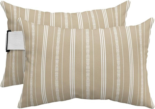Outdoor Lumbar Pillows 11x16 Set of 2, Boho Beige Waterproof Throw Pillow Covers with Insert, Minimalist Farmhouse Striped Decorative Pillowcase Cushion for Couch Sofa Bed