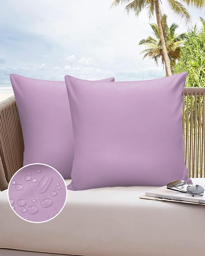 Outdoor Waterproof Throw Pillow Covers Set of 2 Lavender Pillowcases 16x16 Inches Solid Purple Color Patio Decorative Pillows Cushion Case Patio Pillows for Couch Bed Chair Garden