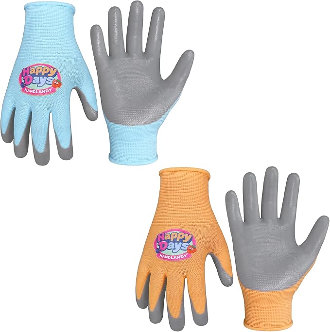 HANDLANDY 2 Pairs Kids Gardening Gloves, Grippy Kids Work Gloves, M | Foam Nitrile Coated Children Toddler Garden Yard Work Cycling Outdoor Playing Gloves for Girls Boys