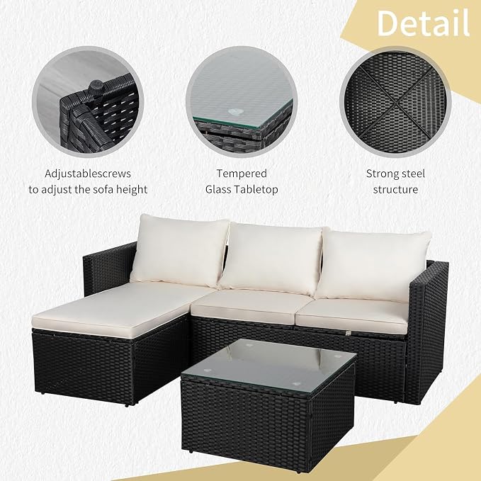 JAMFLY 3-Piece Outdoor Sectional Sofa Set with Glass Coffee Table, All-Weather PE Wicker Patio Furniture with Thick Cushions, Modular Conversation Set for Small Balcony, Deck & Porch, Beige