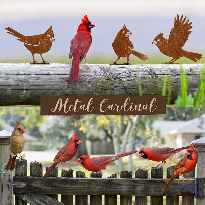 OULYDEKO 5PCS Rusty Birds Decoration, Garden Decor Spring Decorations Outdoor, Metal Birds Yard Decor Perfect Yard Art and Large Outdoor Ornaments, Cardinal Gifts，Metal Bird Silhouette Statues