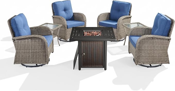 7 Piece Patio Furniture Set with Fire Pit Table - Wicker Patio Conversation Set with 4 Swivel Glider Chairs and 2 Tempered Glass Side Tables for Deck Backyard - Grey Wicker Blue Cushion