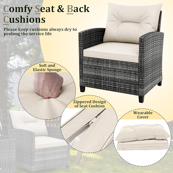 HAPPYGRILL 3 Pieces Patio Conversation Set PE Rattan Outdoor Furniture Sofa Set with Removable Cushion, PE Wicker Chairs with Tempered Glass Side Table for Porch Lawn Garden Balcony Backyard