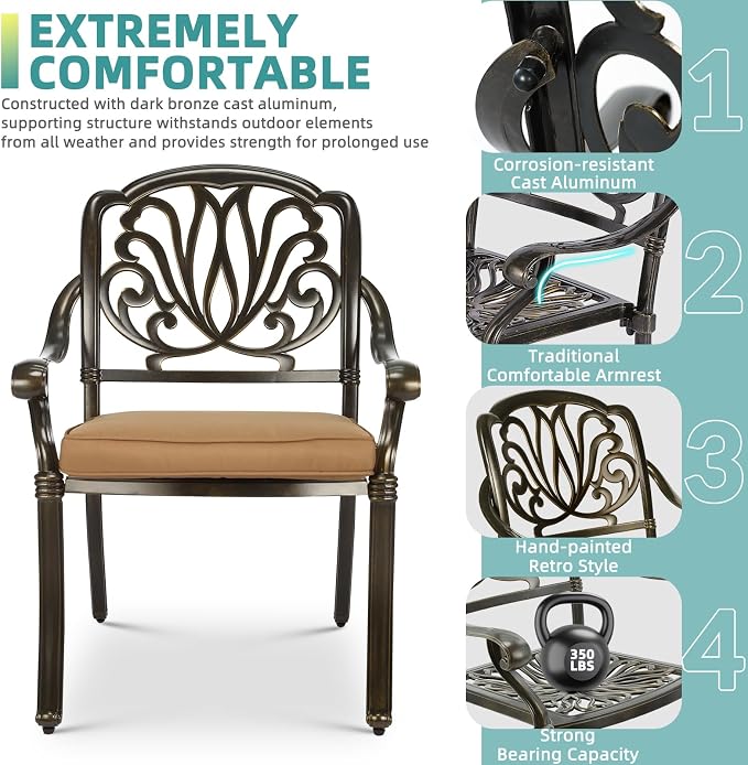 MEETWARM 7-Piece Outdoor Patio Dining Set, 6 Outdoor Dining Cushioned Chairs and 1 Rectangle Table with 2" Umbrella Hole, All Weather Cast Aluminum Patio Funiture Set for Backyard