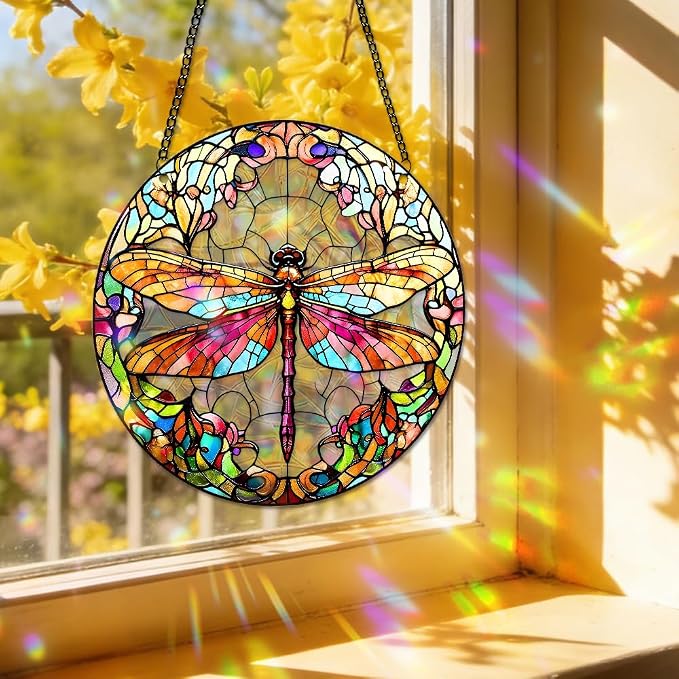 Acrylic Suncatcher Window Hanging, Dragonfly Sun Catcher Rainbow Indoor Window Decoration for Living Room Bedroom, Unique Gift for Mom Wife & Friends, 7.87 x 7.87 inches (I134)