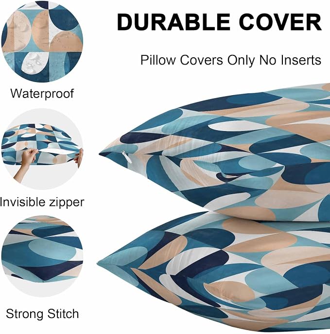 Vandarllin Outdoor Throw Pillows Covers 20x20 inch Set of 2 Waterproof Mid Century Geometric Decorative Zippered Cushion Covers for Patio Furniture, Abstract Modern Blue Lumbar Pillowcases