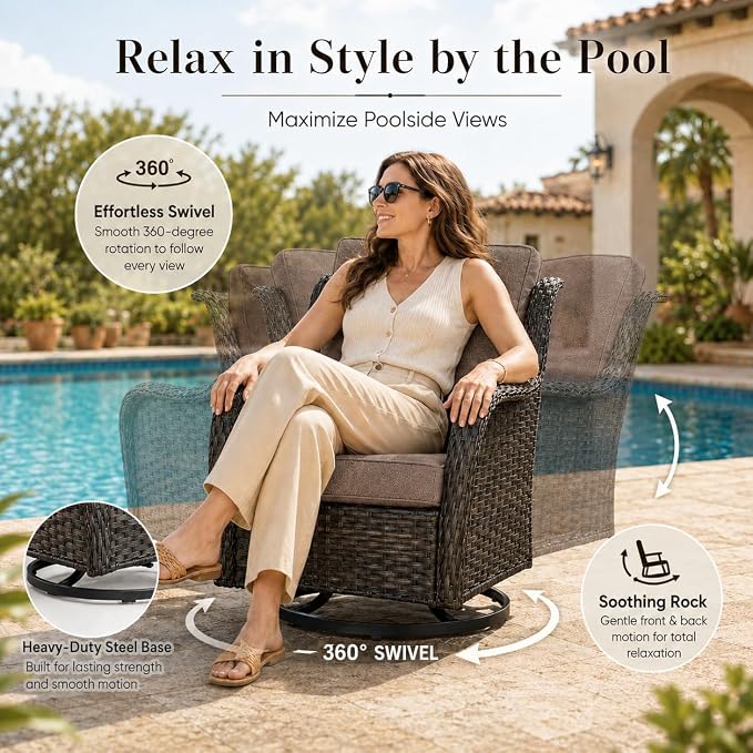 HUMMUH Outdoor Swivel Rocker Wicker Patio Chairs Set of 2, Rattan Rocking Chair Furniture Set(Brown,Grey)