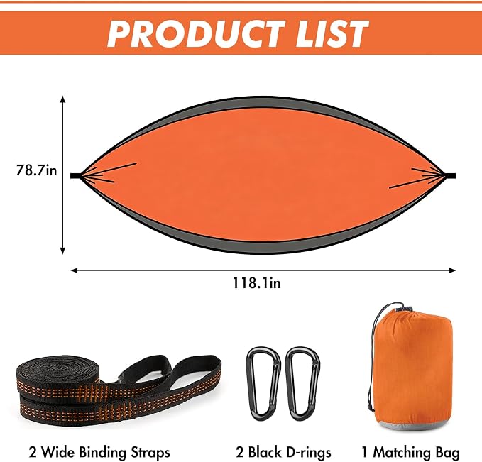 Adult Double Camping Hammock, 10ft x 6.5ft (300x200cm), Orange and Gray, 210T Nylon, 500 Lbs Weight Capacity, Portable with Storage Bag, d-Rings & Wide Straps, Breathable & Durable for Outdoor, Campin