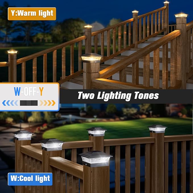 Solar Post Cap Lights Outdoor 6pack, Waterproof Solar Powered Deck Fence Post Lights Fit 4x4 Wood/Vinyl Posts, Black Deck Post Lights with Warm/Cool White for Garden, Patio, Porch, Fence