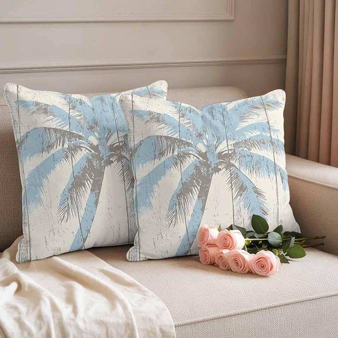 Palm Trees Outdoor Waterproof Throw Pillow Covers Set of 2, 16"x16", Light Blue Vintage Wood Grain Decorative Pillow Covers Outside Cushion Case for Patio Porch Garden