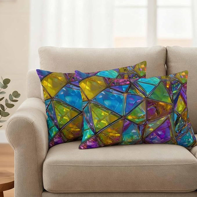 Abstract Geometric Outdoor Waterproof Pillow Covers Set of 2, Rainbow Gradient Crystal Color Blocks Modern Pillowcase Decorative Throw Cushion Cases for Patio Garden Couch 20 x 12 Inches