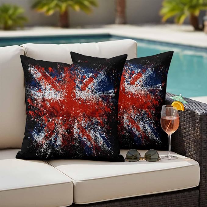 4th of July Outdoor Throw Pillows Covers 26x26 inch Set of 2 Waterproof British Flag Decorative Zippered Cushion Covers for Patio Furniture, Retro National Flag Independence Day Lumbar Pillowcases