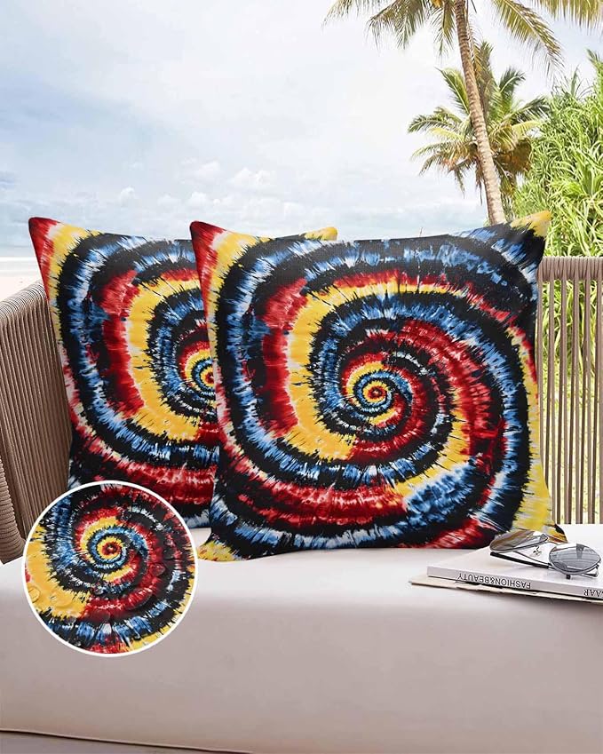 Vandarllin Outdoor Throw Pillows Covers 20x20 inch Set of 2 Waterproof Yellow Red Tie-Dye Art Decorative Zippered Cushion Covers for Patio Furniture, Abstract Boho Tribe Lumbar Pillowcases