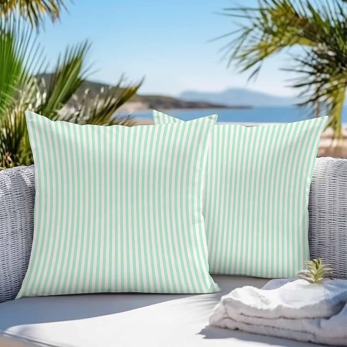 Throw Pillow Covers 24x24 Inch Set of 2, Green White Stripe Waterproof Outdoor Cushion Covers, Modern Minimalist Geometric Striped Decorative Pillowcases for Couch, Sofa, Bed, Garden, Patio