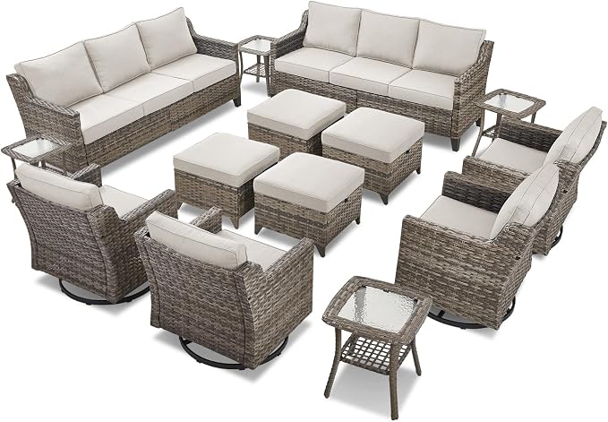 14 Piece Patio Furniture Set-High Back Outdoor Furniture Set Sectional Sofa with Wicker Swivel Patio Chairs,Comfy Cushions Ottomans for Porch Balcony Patio Deck Grey/Beige