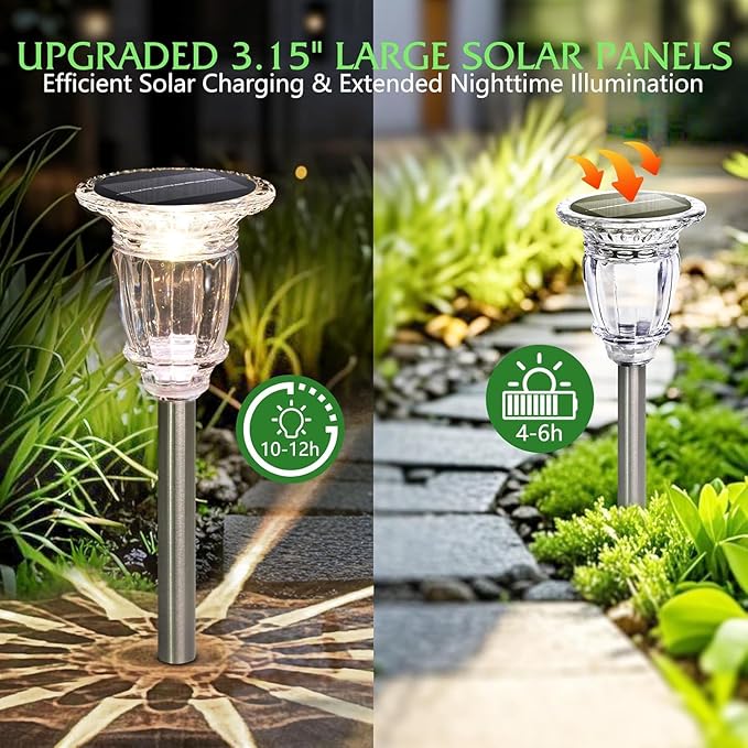Solar Pathway Lights Outdoor 6 Pack, 10 Modes RGB Color Changing & White Solar Garden Lights, 17.5" IP65 Waterproof Glass Stainless Steel Solar Powered Landscape Lights for Yard Walkway Driveway Patio