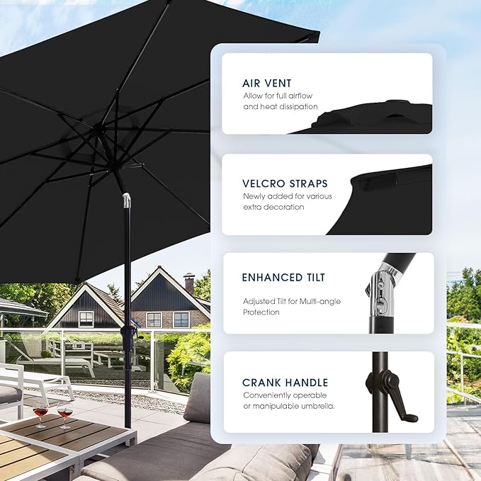 wikiwiki 11FT Patio Umbrella with Base, Outdoor Umbrellas with Base Included, 8 Sturdy Ribs, Waterproof Fade Resistant POLYESTER DTY Canopy for Deck, Lawn, Garden, Backyard & Pool, Black