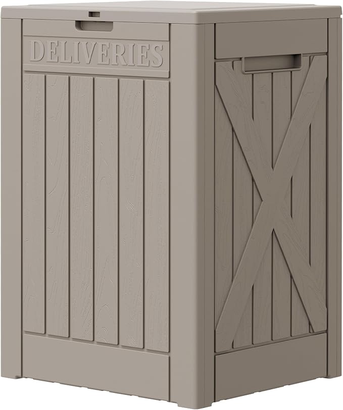 Greesum 52 Gallon Large Outdoor Package Delivery Box for Porch, Lockable Secure Double-Wall Resin Storage Box, Waterproof Deck Box for Package Protection, Light Coffee