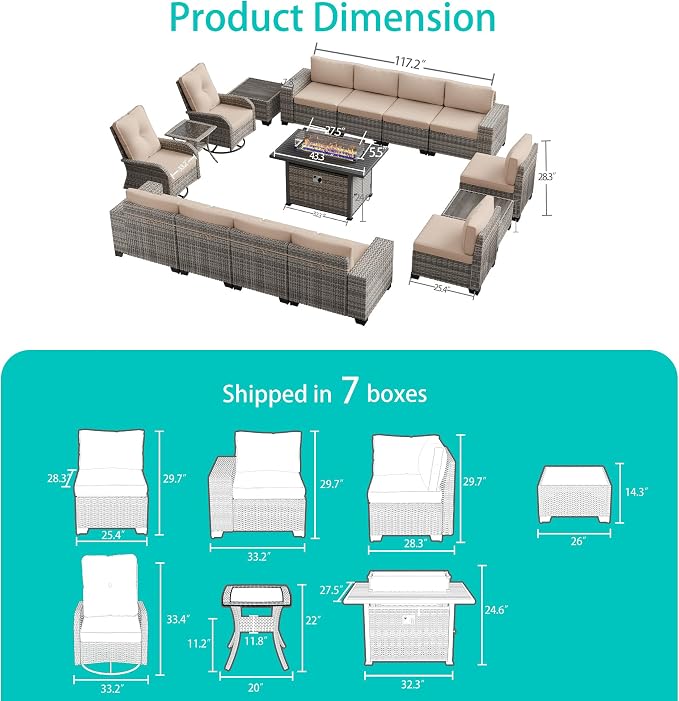 16-Piece Outdoor Patio Furniture Set with Rocking Swivel Chair, PE Wicker Rattan Sectional Sofa Patio Conversation Set with 55,000 BTU Fire Pit Table & Coffee Table, Beige