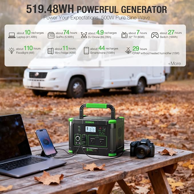 EBL Portable Power Station 500w(Peak 1000W), Camping Solar 519.48Wh Outdoor Solar Generator Backup Battery Pack with 2x120V AC Outlets, 10-Port Powerhouse for Outdoor and Indoor Emergency Use