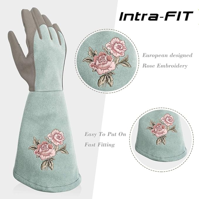 Rose Pruning Gloves with Forearm Protection, Thorn Resistant | Embroidery Design with Extra Long Cuff for Gardening and Pruning Tasks