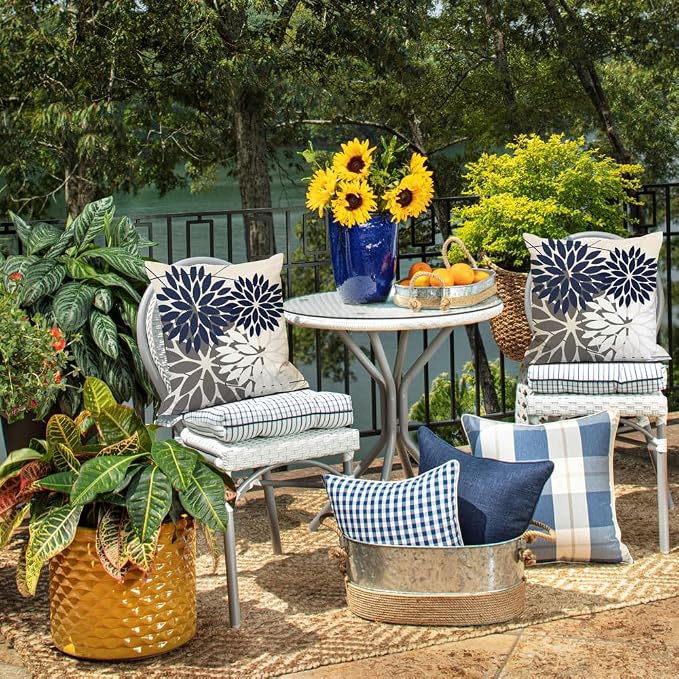 DFXSZ Pack of 2 Outdoor Waterproof Throw Pillow Covers 16x16 NavyBlue Grey | Polyester Colorful Spring Summer Floral Decorative Cushion Cases(NO INSERT),For Couch Patio Funiture Garden Home Decor