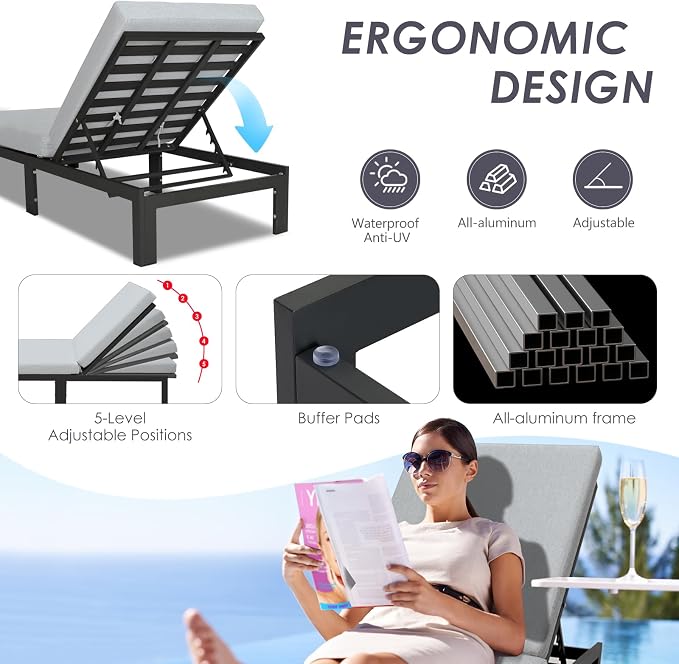 RADIATA 9 Piece Large Contemporary Aluminum Outdoor Furniture Set with Sun Bed & Fire Pit Table, 29 inch Deep Couch Set, 500 lbs High Weight Capacity, Patio Sectional Sofa for Poolside, Light Gray
