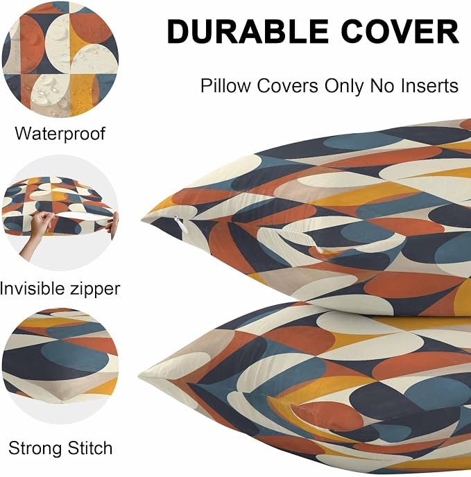 Vandarllin Outdoor Throw Pillows Covers 24x24 inch Set of 2 Waterproof Mid Century Geometric Decorative Zippered Cushion Covers for Patio Furniture, Abstract Modern Lumbar Pillowcases
