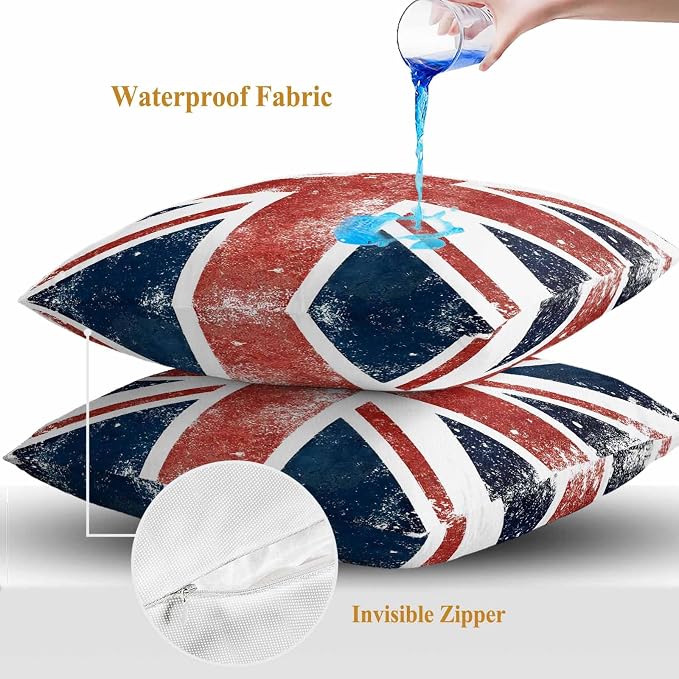 4th of July Outdoor Throw Pillows Covers 20x20 inch Set of 2 Waterproof British Flag Decorative Zippered Cushion Covers for Patio Furniture, Vintage Mottled National Flag Lumbar Pillowcases