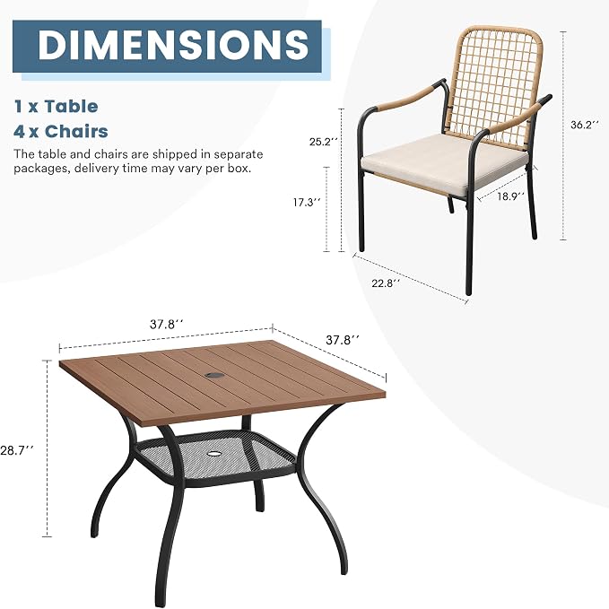 DIFY 5 Pieces Outdoor Dining Set, Metal Patio Table and Chairs Set for 4, 37.8" Square Dining Table with Umbrella Hole & Wicker Stackable Patio Chairs with Cushions, Walnut Tabletop