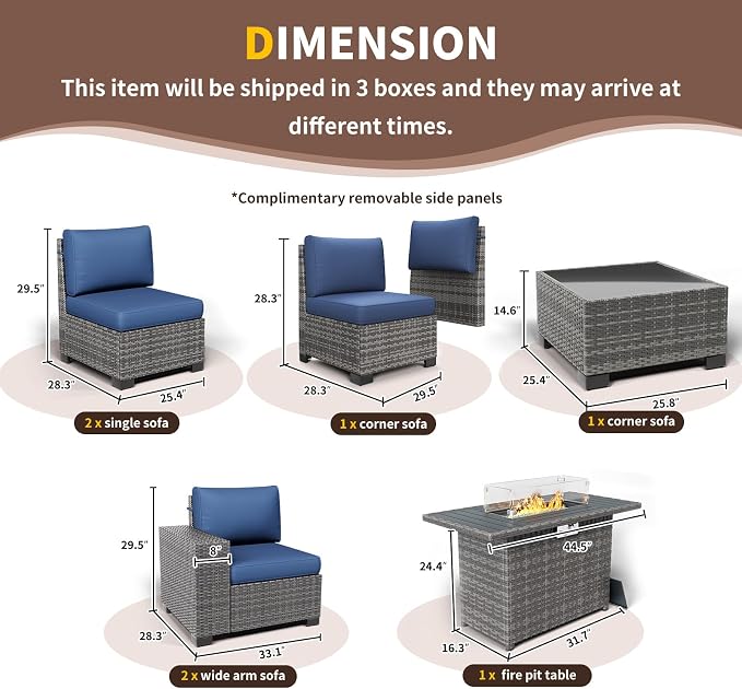 Patio Furniture with Fire Pit Table,8‘’ Wide armrest Outdoor Sectional Rattan Sofa Set, Wicker Patio Furniture Sets w/Coffee Table,Thick Cushions and Cover for Porch, Balcony,7PC(Grey&Navy)