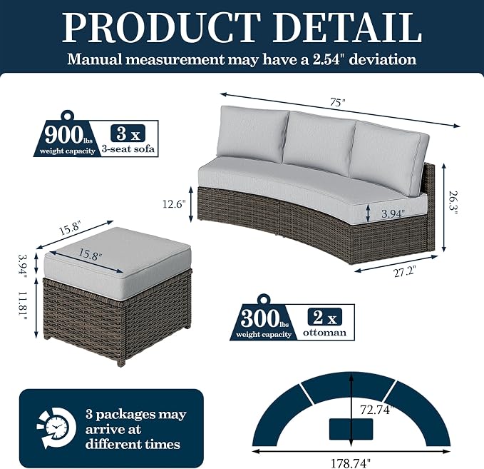 11 Piece Outdoor Patio Furniture Set, Half Moon Patio Sectional Set with Soft Cushions and Ottoman, All Weather Rattan Wicker Curved Outdoor Sofa for Backyard Patio Garden