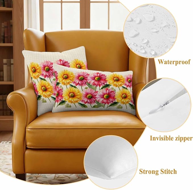 Yellow Pink Daisy Outdoor Pillow Covers 18"x18" Set of 2, Rustic Farmhouse Boho Yellow Plaid Waterproof Throw Pillow Covers for Patio Furniture, Decorative Cushion Covers for Porch