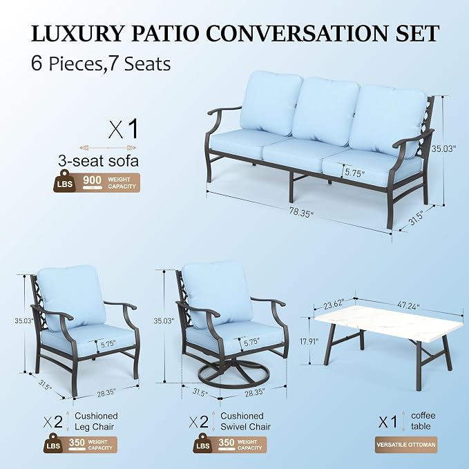 HERA'S HOUSE 6 Piece Patio Furniture Set, 2 x Swivel Chair, 2 x Fixed Chair, 1 x 3-Seat Sofa with Marbling Coffee Table, All Weather Outdoor Conversation Set for Lawn Garden Backyard, Blue