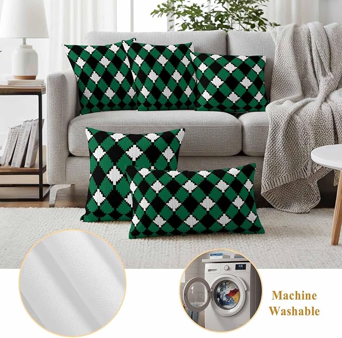 Vintage Rhombus Outdoor Waterproof Throw Pillow Covers Set of 2, 26"x26", Green Black White Decorative Pillow Covers Outside Cushion Case for Patio Porch Garden