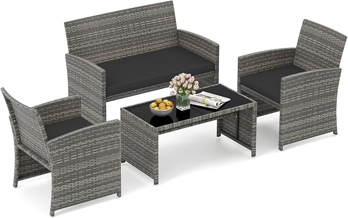 HAPPYGRILL 4 Piece Rattan Wicker Patio Conversation Set, Outdoor Furniture with Chair Loveseat Table & Cushion, for Backyard Porch Balcony (1, Black)