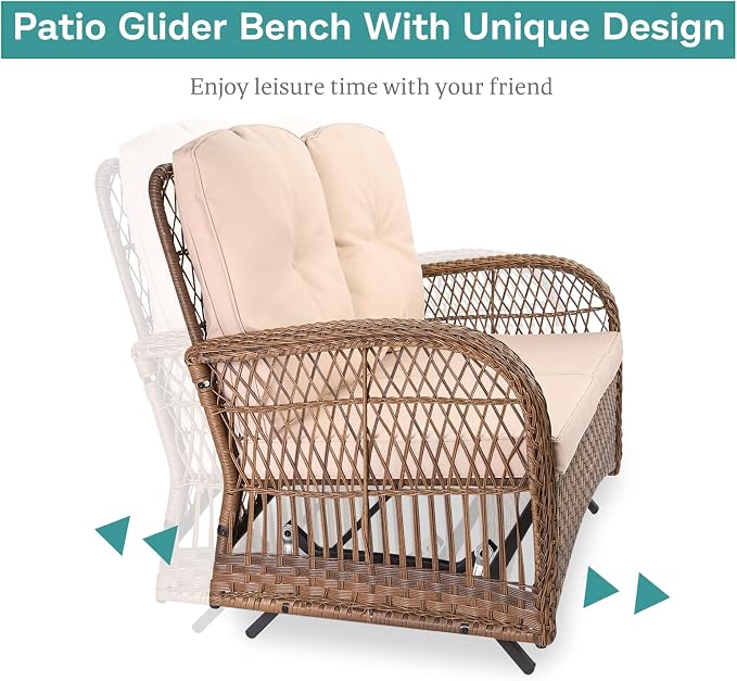 MEETWARM 5 Pieces Outdoor Wicker Patio Conversation Sets with Glider Loveseat, 2 Chairs with 2 Glass-Top Coffee Table Rocking Glider Set, Wicker Conversation Set with Thickened Cushions, Beige