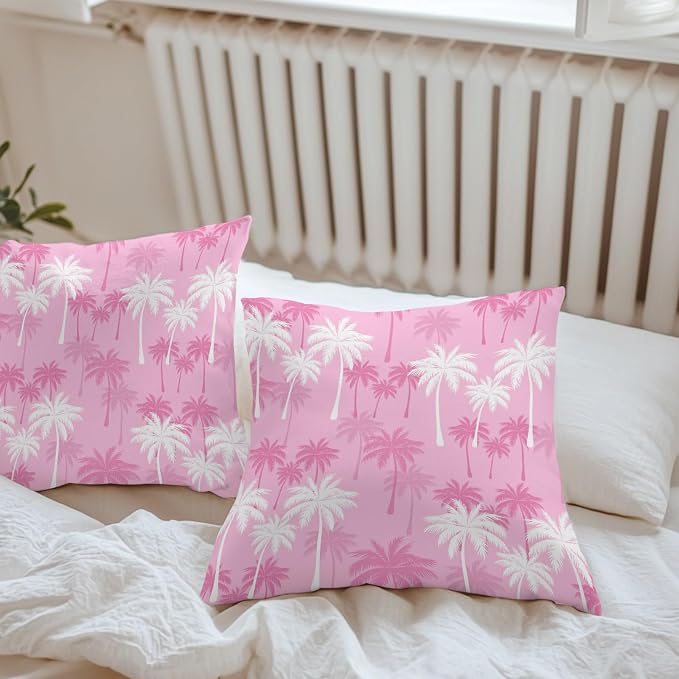 Throw Pillow Covers 18x18 Inch Set of 2, Tropical Palm Tree Waterproof Outdoor Pillow Covers, Magenta Pink Plants Coastal Leaf Beach Decorative Cushion Pillowcases for Couch, Sofa, Bed, Garden, Patio