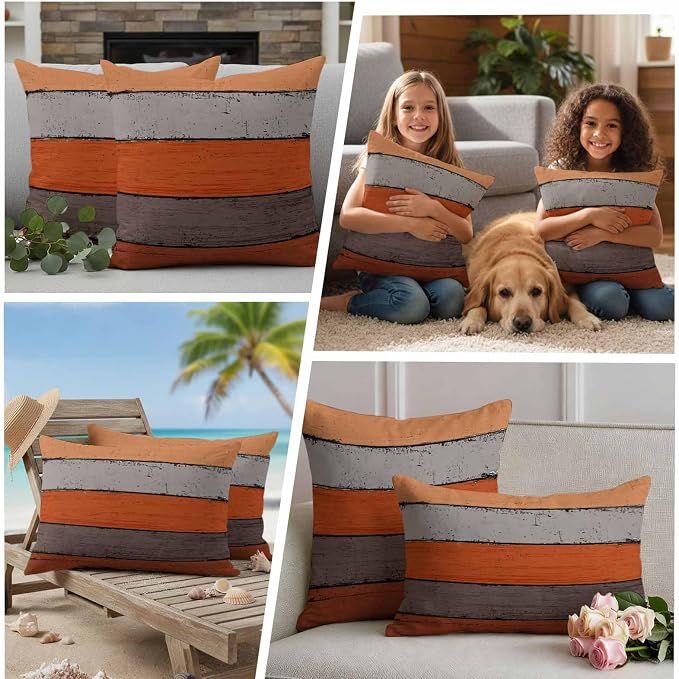 Outdoor Throw Pillow Covers 18X18 Set of 2 Waterproof Ombre Burnt Orange Gray Decorative Zippered Cushion Covers for Patio Furniture, Farmhouse Retro Rustic Barn Wood Texture Lumbar Pillowcases