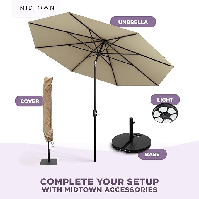 Midtown Umbrellas - The Lean 8 Ft Patio Umbrella with Fade-Resistant Sunbrella Fabric, Auto-Tilt Aluminum Frame and 8 Reinforced Ribs for Deck, Pool & Garden - Antique Beige Canopy, Black Pole