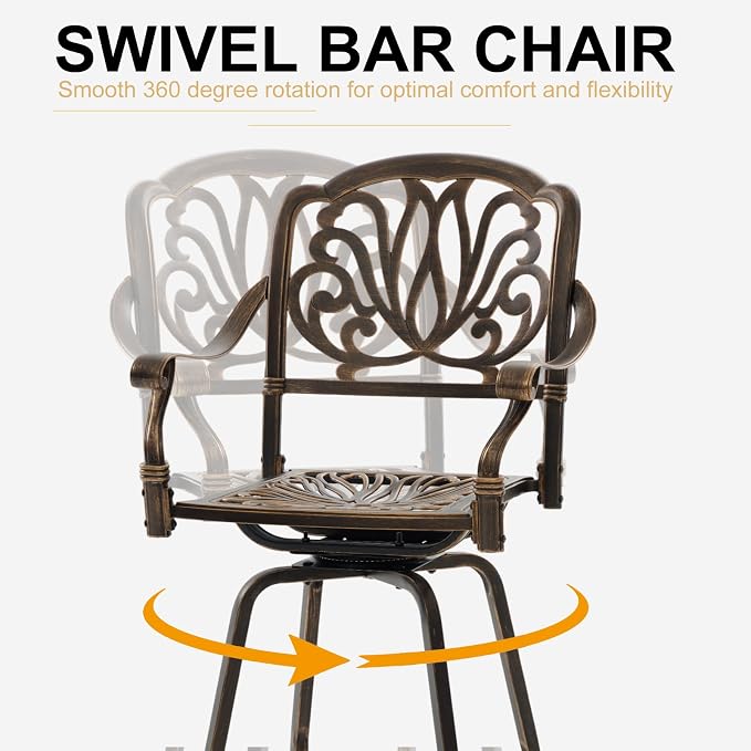 3-Piece Cast Aluminum Outdoor Bar Set, 31.5" Round High Top Patio Table & 2 Swivel Barstools with Cushions, Antique Bronze Rustproof Bistro Set for Balcony, Poolside & Deck