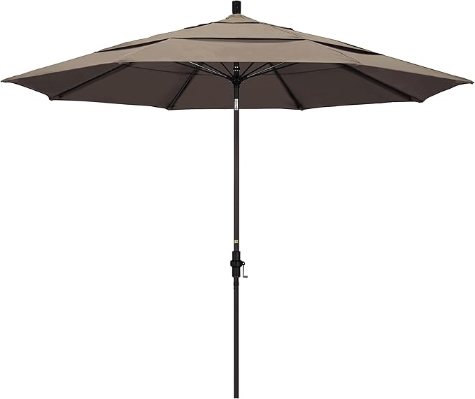 California Umbrella 11' Round Crank Lift, Collar Tilt, Aluminum Pole, Fiberglass Rib Patio Umbrella, Bronze Finish, Sunbrella Cilantro