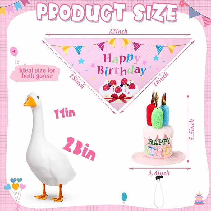 Dansydaisy Happy Birthday Goose Outfit Porch Goose Outfits with Happy Birthday Cake Hat and Bandana Yard Geese Outfits for 23" 17" Cement Plastic Geese Duck Decorations(Style 2,Pink)