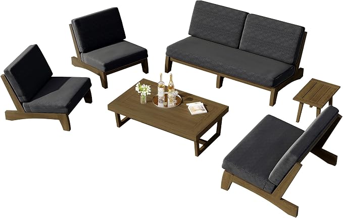 6 Piece Wood Outdoor Patio Frutnire Set, 7 Seater Patio Conversation Sets with Thick Cushions, Outdoor Sectional Furniture with Coffee Table - Dark Gray