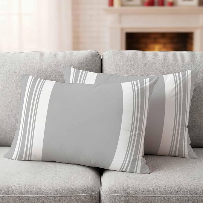Farmhouse Grey Outdoor Waterproof Throw Pillow Covers 20x12 Set of 2, Aesthetic Modern Line Striped Decorative Pillowcases Cushion Pillowcase for Couch Sofa Patio Outside Pillow Protector