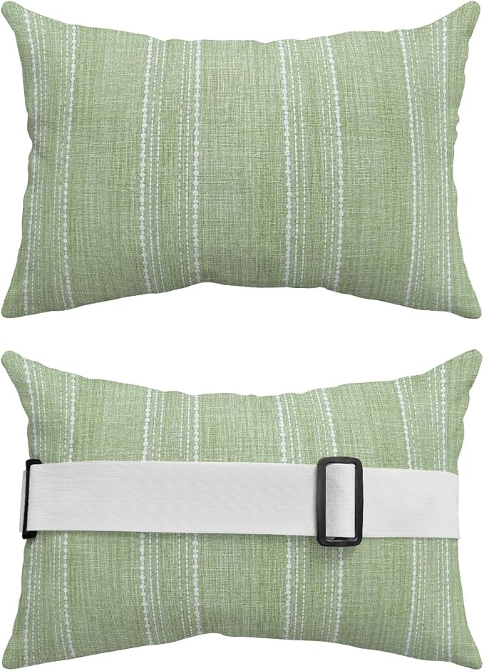 Farmhouse Outdoor Pillow for Chaise Lounge Chair Solid Green Linen Texture Vintage Waterproof Recliner Headrest Pillow Lumbar Pillows with Adjustable Elastic Strap for Beach, Pool, Patio(2 Pack)